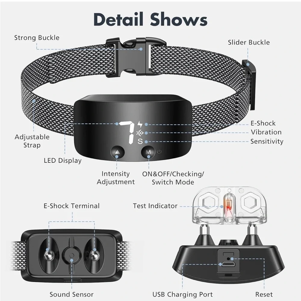 Bark Collar for Dogs,Rechargeable Anti Barking‎ Training Collar (Black)